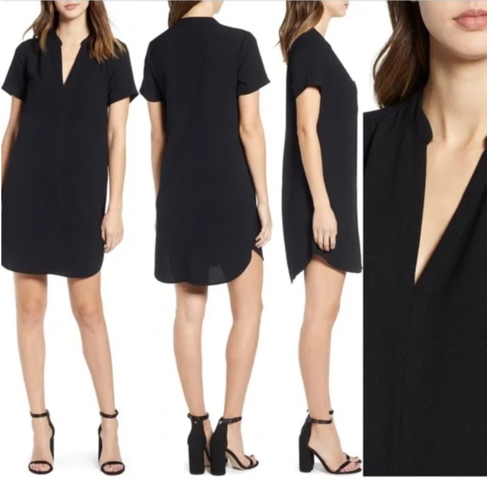 Lush Hailey Crepe Chest‎ Pocket V-Neck Dress in Black Size Small